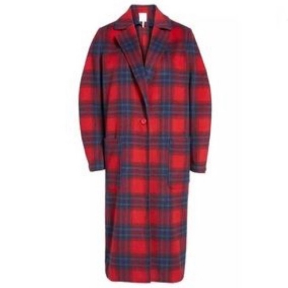 Leith Tartan Duster plaid pattern red and blue long button up  size xs - Picture 1 of 6